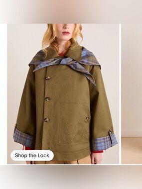 Olive Green Trench Coat with Plaid Trim